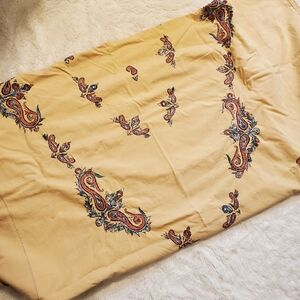 Hand Embroidered Large Vintage Table Cloth. Pale Yellow. Purple Blue Paisley.